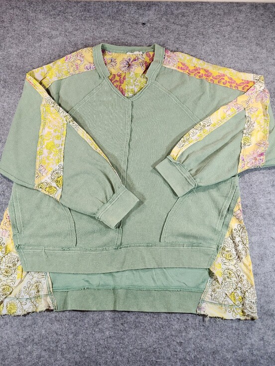 Blue Velvet Sweaters - Blue Velvet Sage Green Crewneck Sweater with Yellow Floral Trim Oversized Large